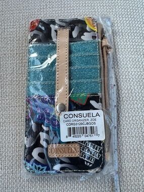 Consuela (Zoe) Card Organizer in Teal Glitter with Multicolor Graphic Print
